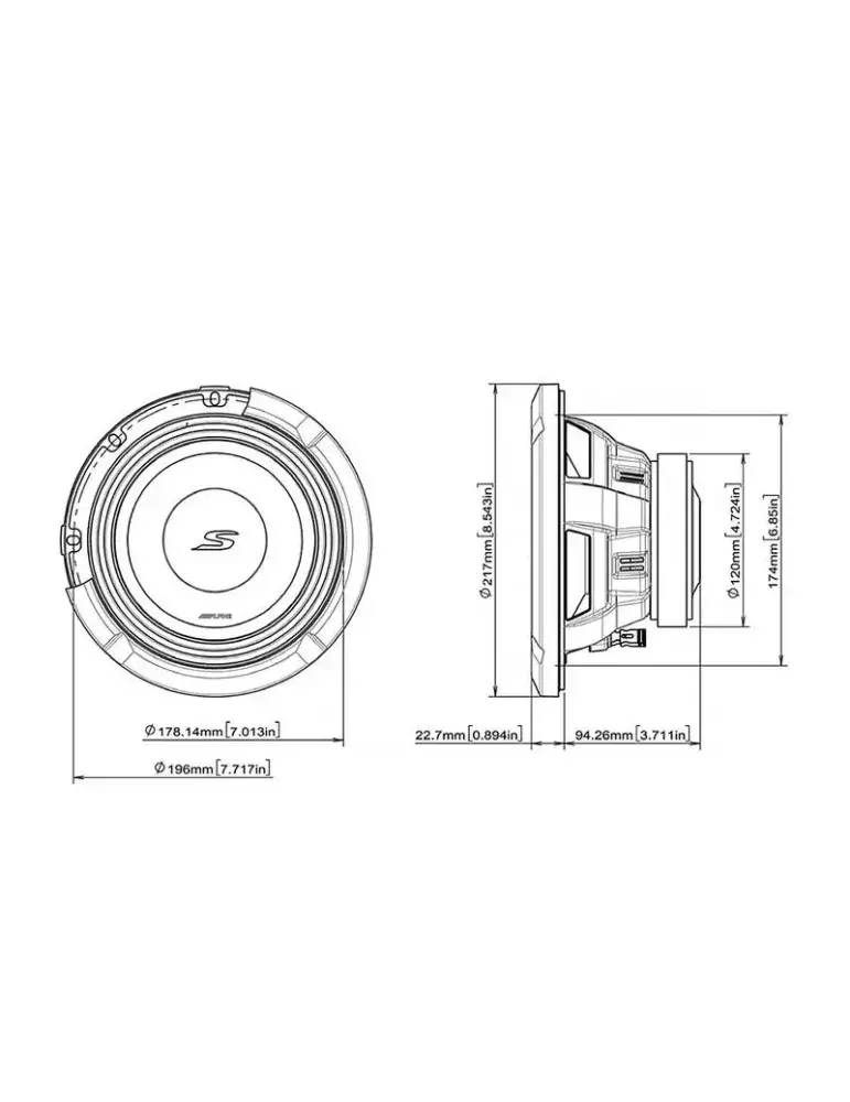 Subwoofer ALPINE S2-W8D4 | 8" Dwucewkowy | Mocny bas