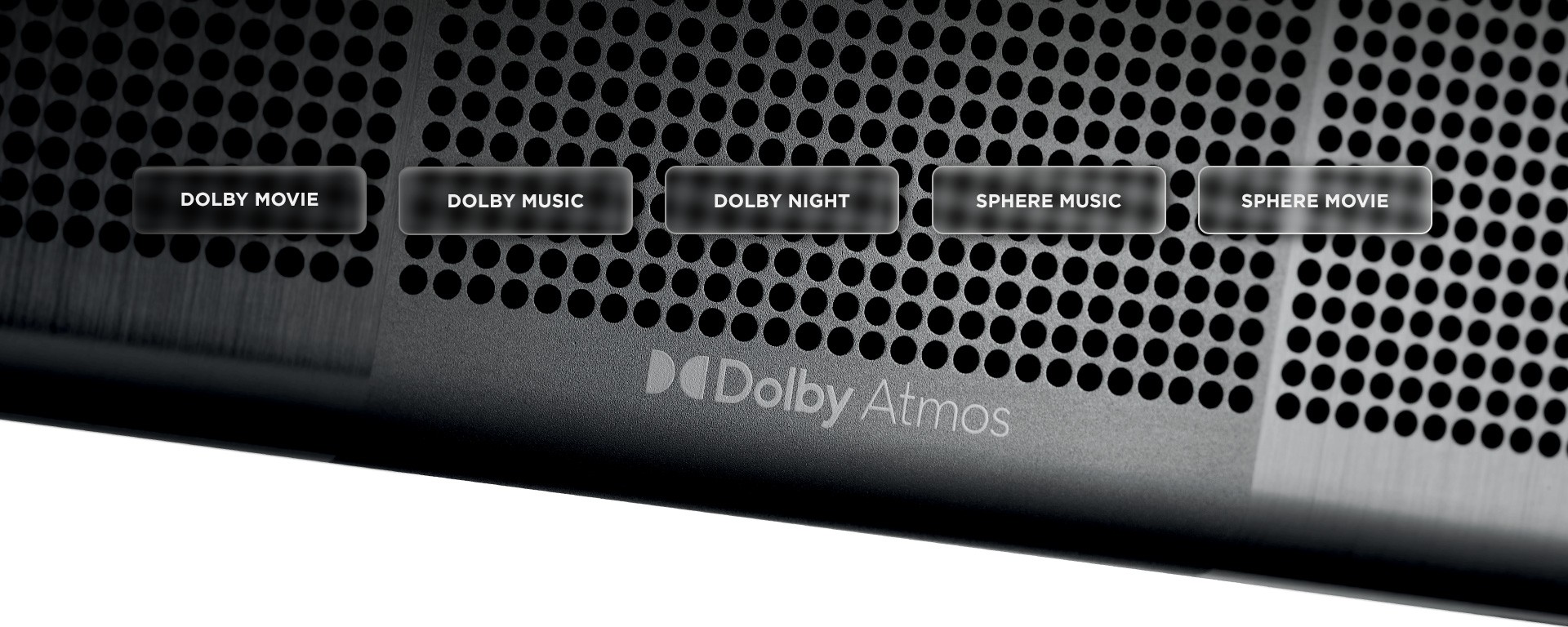 Interfejs aplikacji Focal & Naim z wyborem trybów audio Sphere i Dolby Atmos dla Mu-so Hekla.